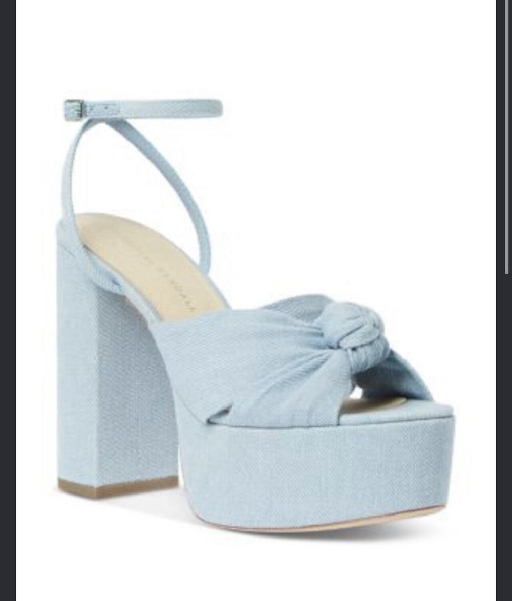 New LOEFFLER RANDALL Light Blue Denim Roz-den Open Block Heeled Sandal 8